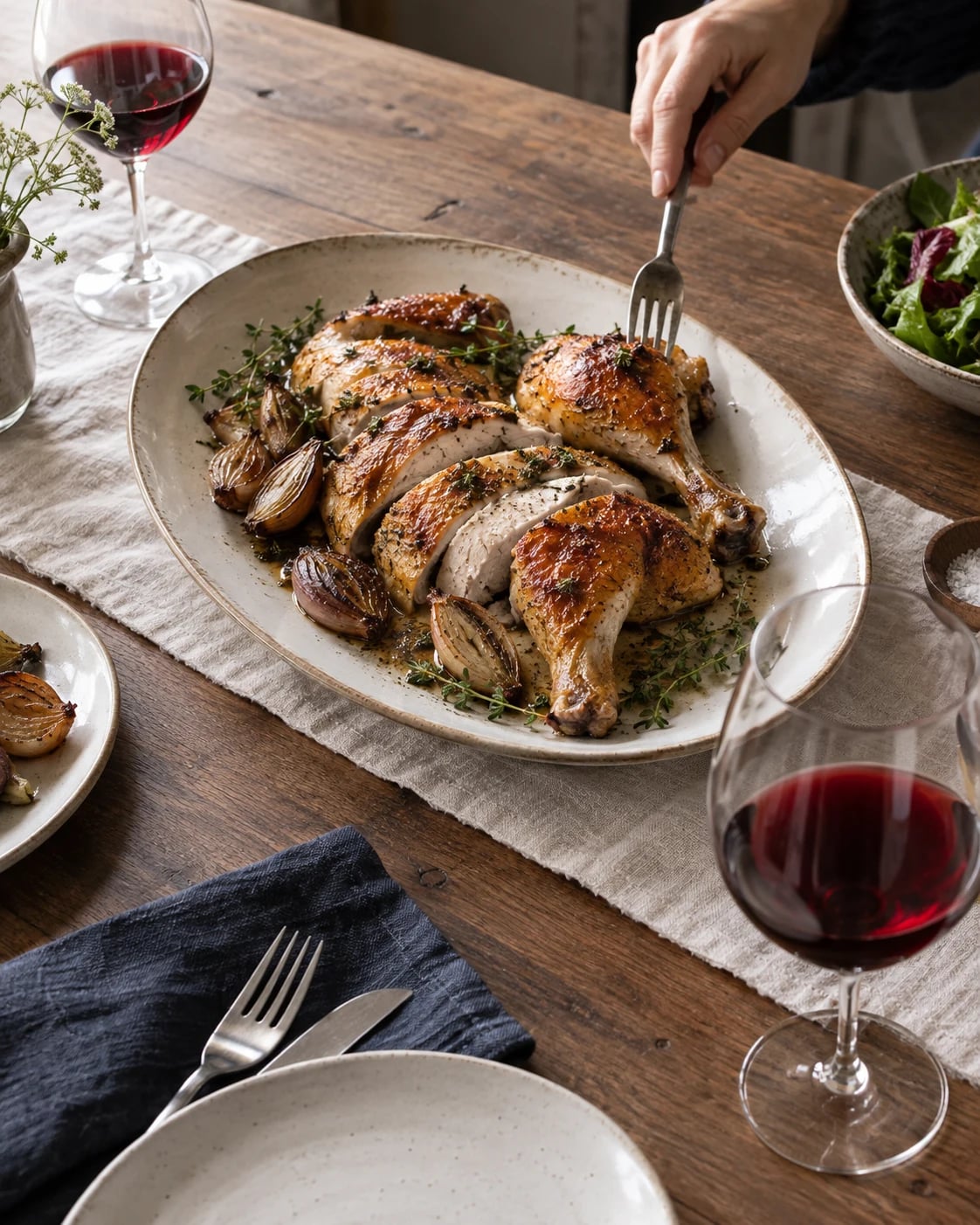 Roast chicken with herbs, linen and glasses of light red wine at a shared table