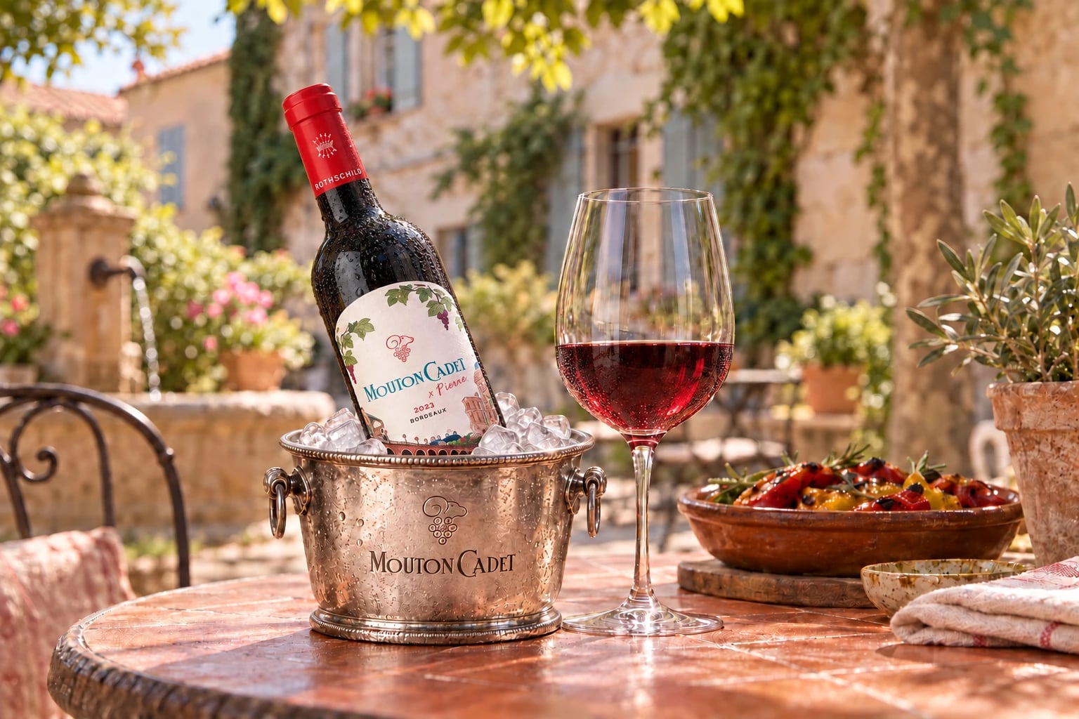Mouton Cadet Rouge x Pierre in an engraved ice bucket beside red wine and roasted peppers in a sunlit courtyard