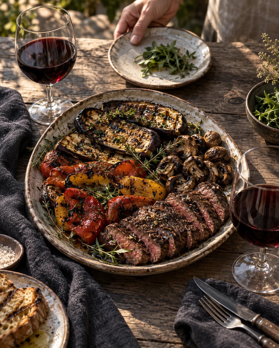 Grilled vegetables and sliced steak with glasses of red wine at an outdoor table