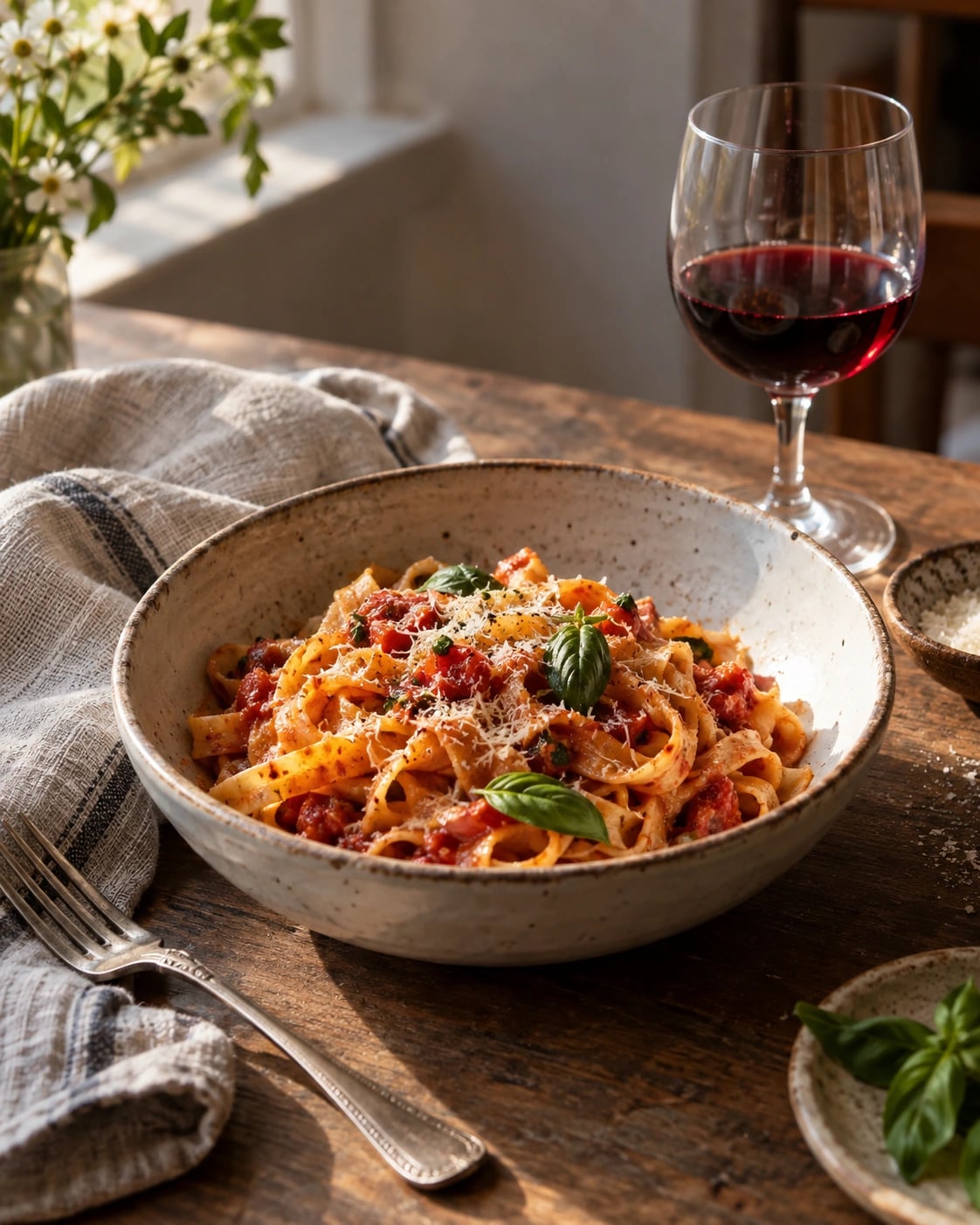 Fresh egg pasta with tomato sauce beside a red wine glass
