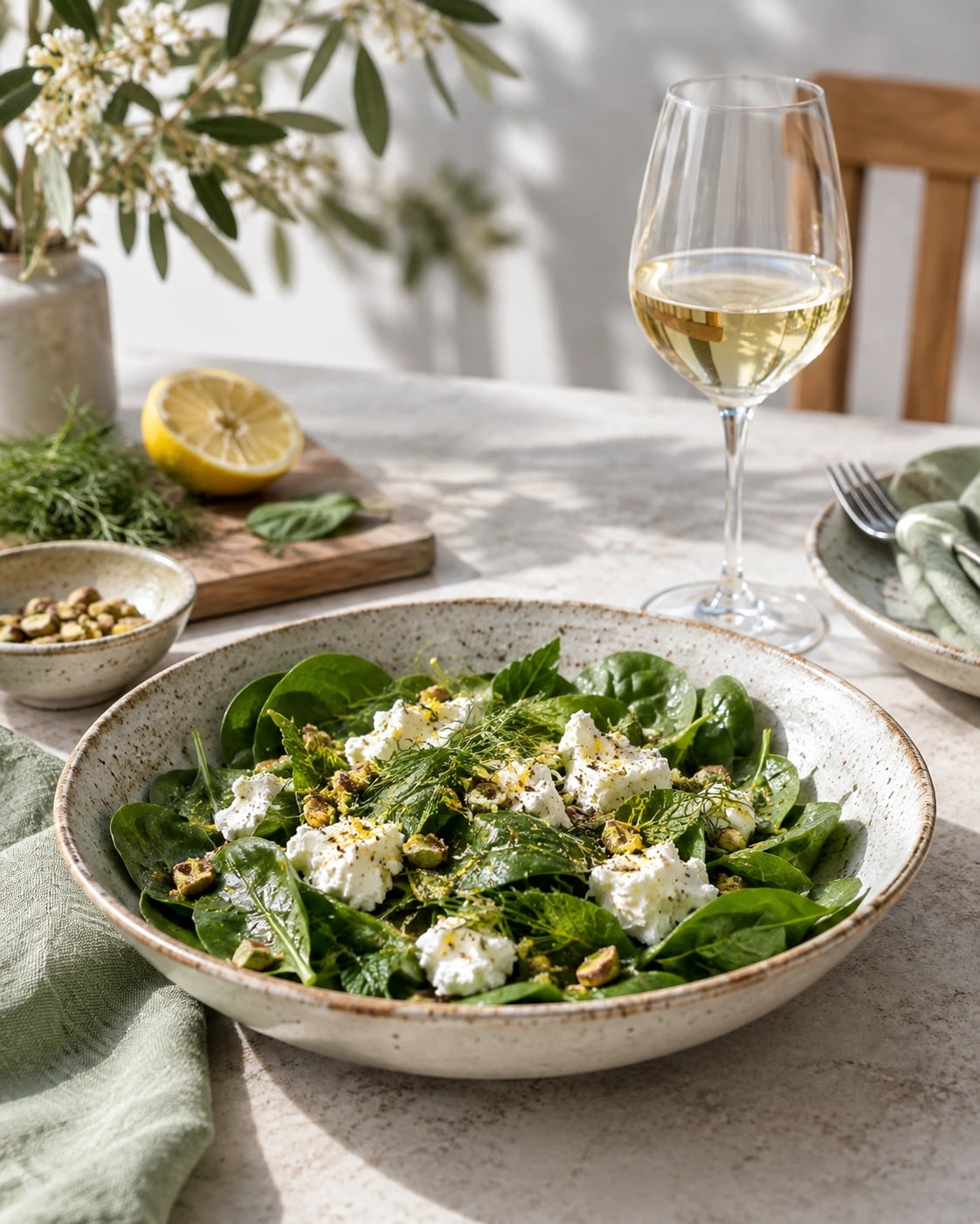 Spinach and goat cheese salad with a white wine glass