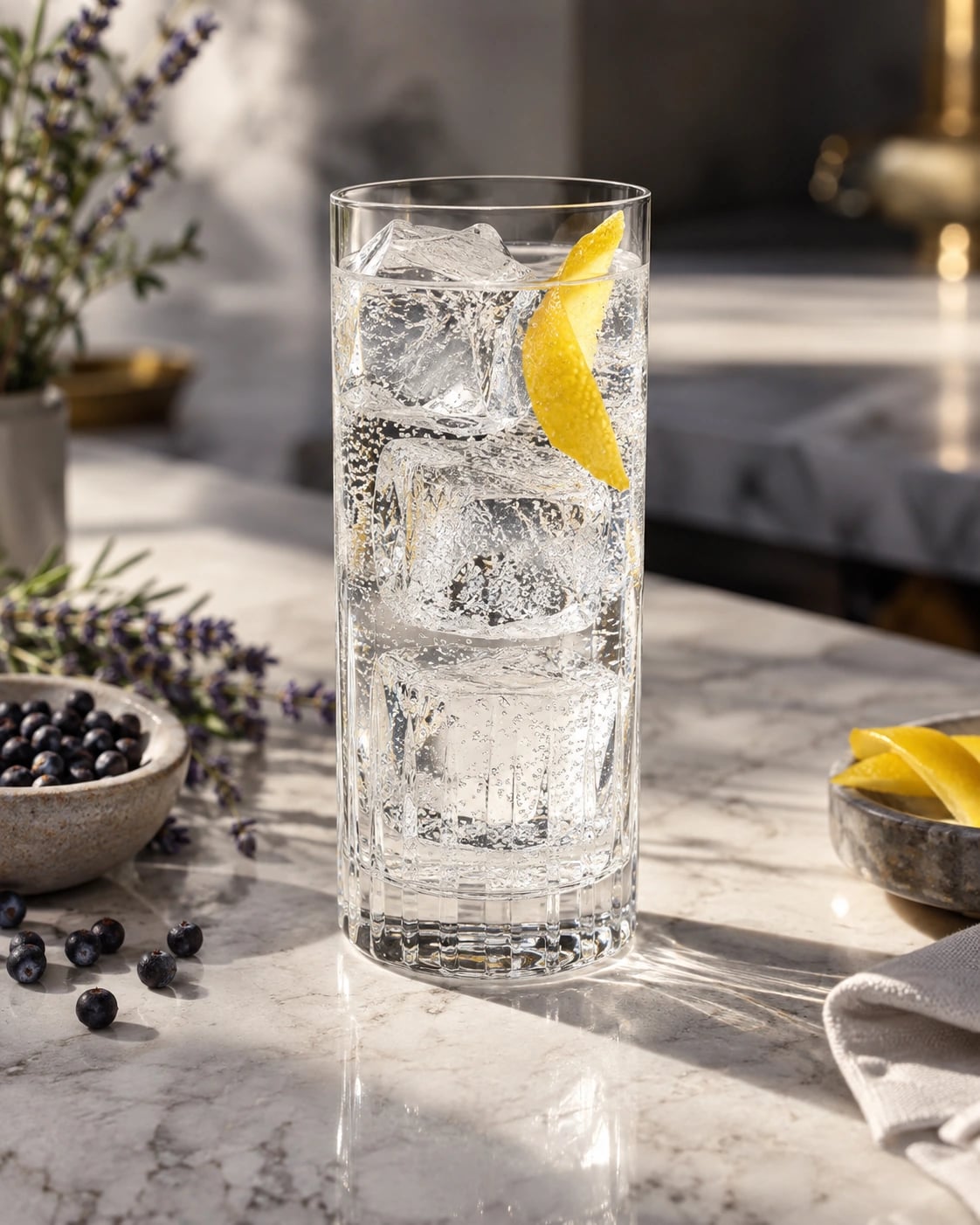 A highball gin and tonic with clear ice and lemon peel