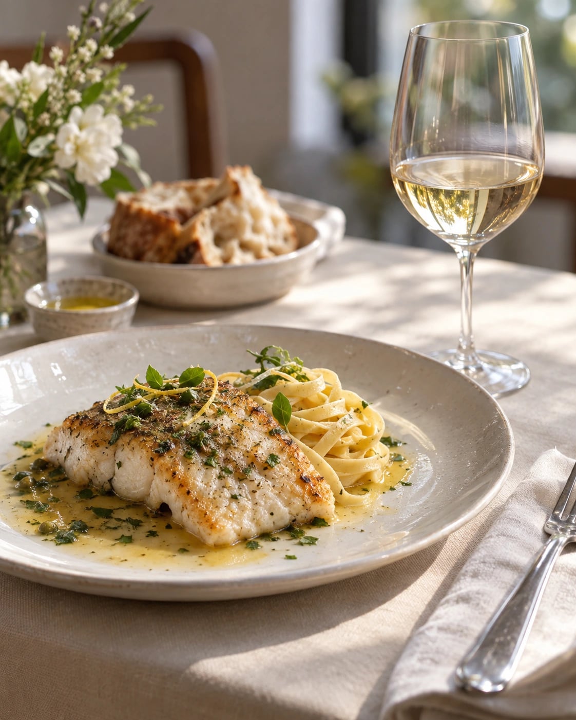 Fish with butter sauce and fresh pasta beside a Chardonnay glass