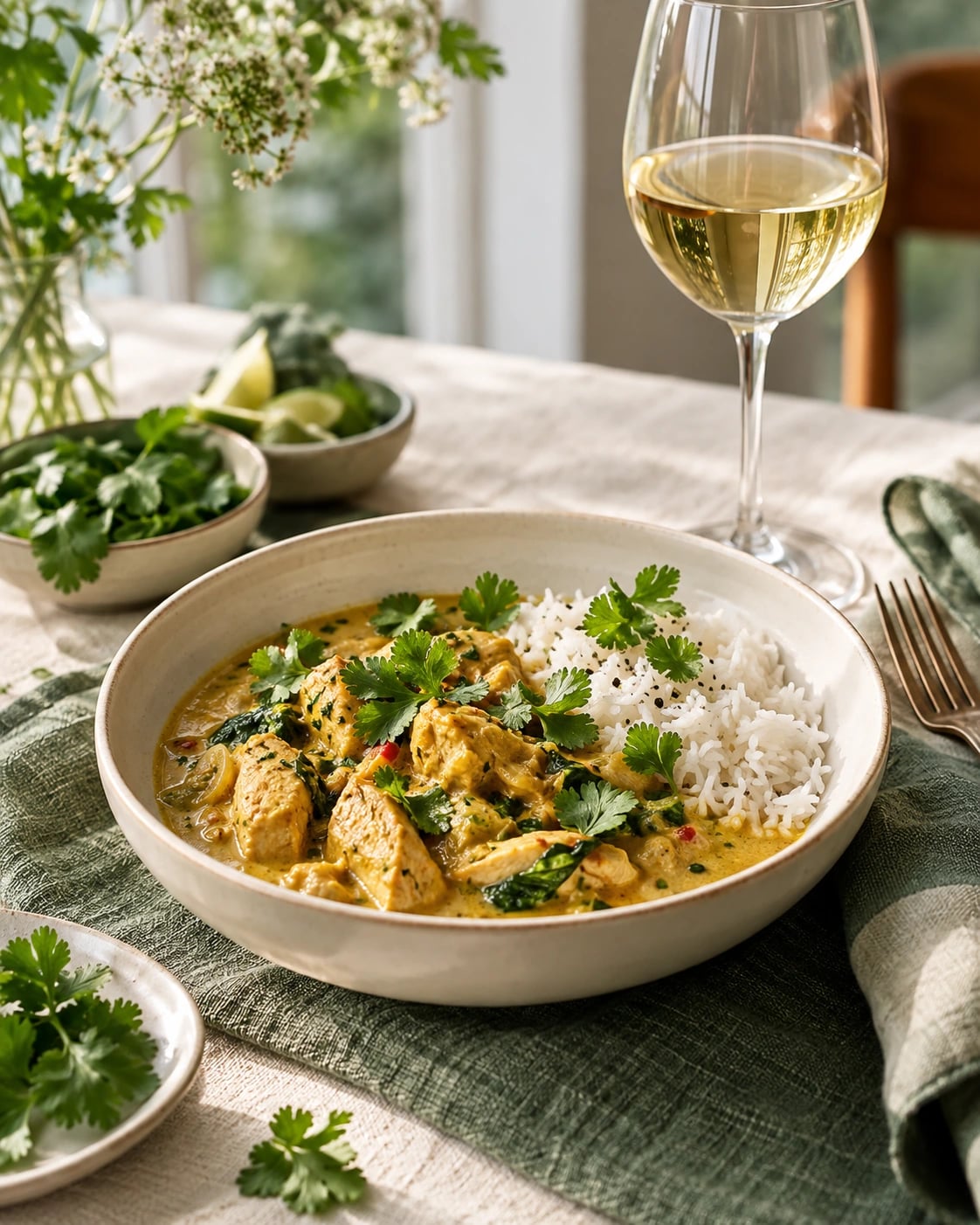 Mild chicken curry with rice and a white wine glass