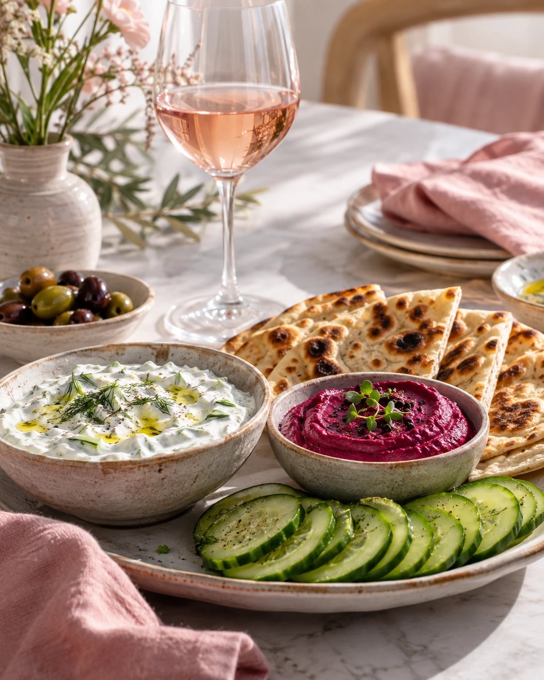 Tzatziki, beetroot mousse and flatbread with a pale rosé glass