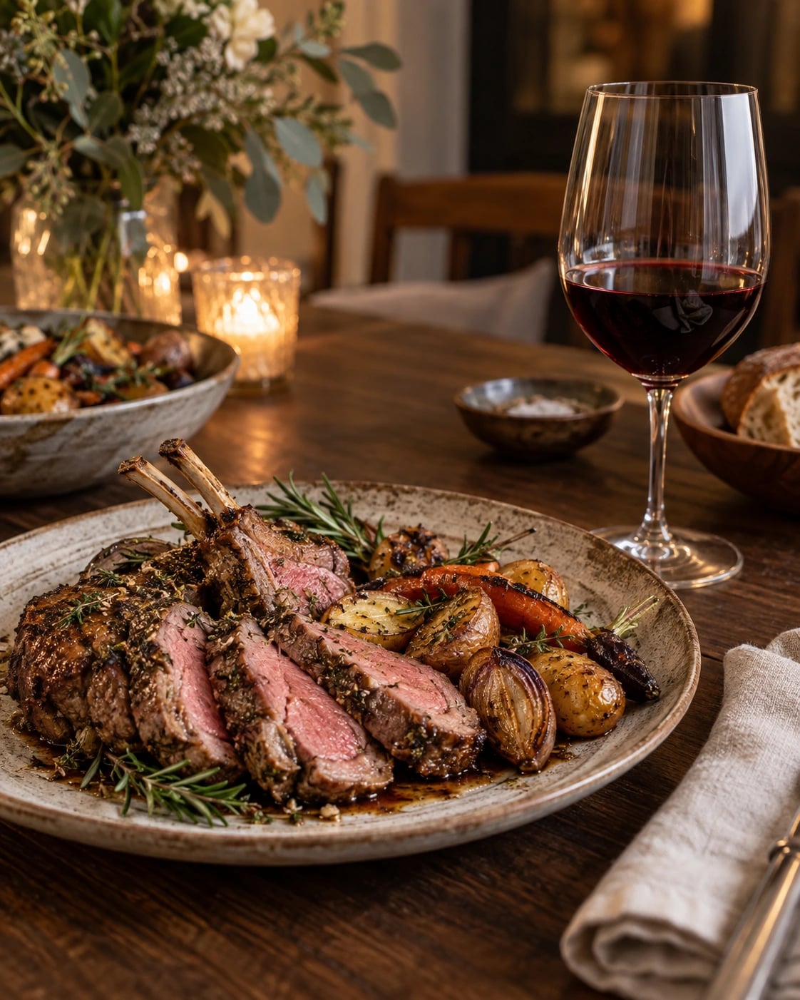 Sliced roast lamb and vegetables beside a red wine glass