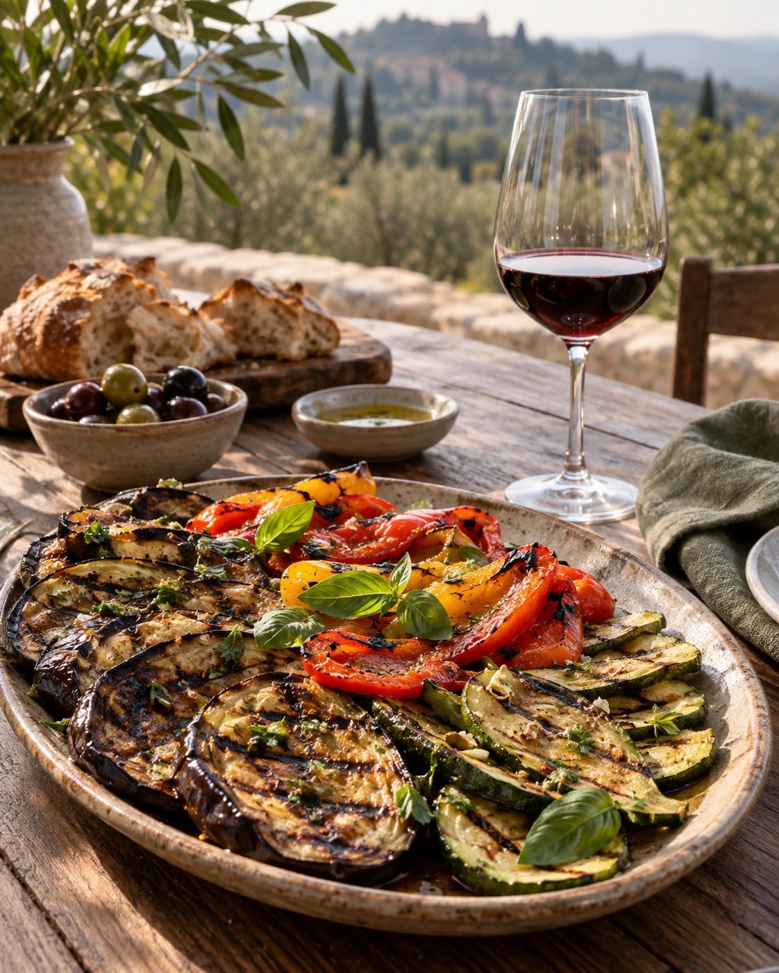Chargrilled aubergine, peppers and courgettes beside a red wine glass