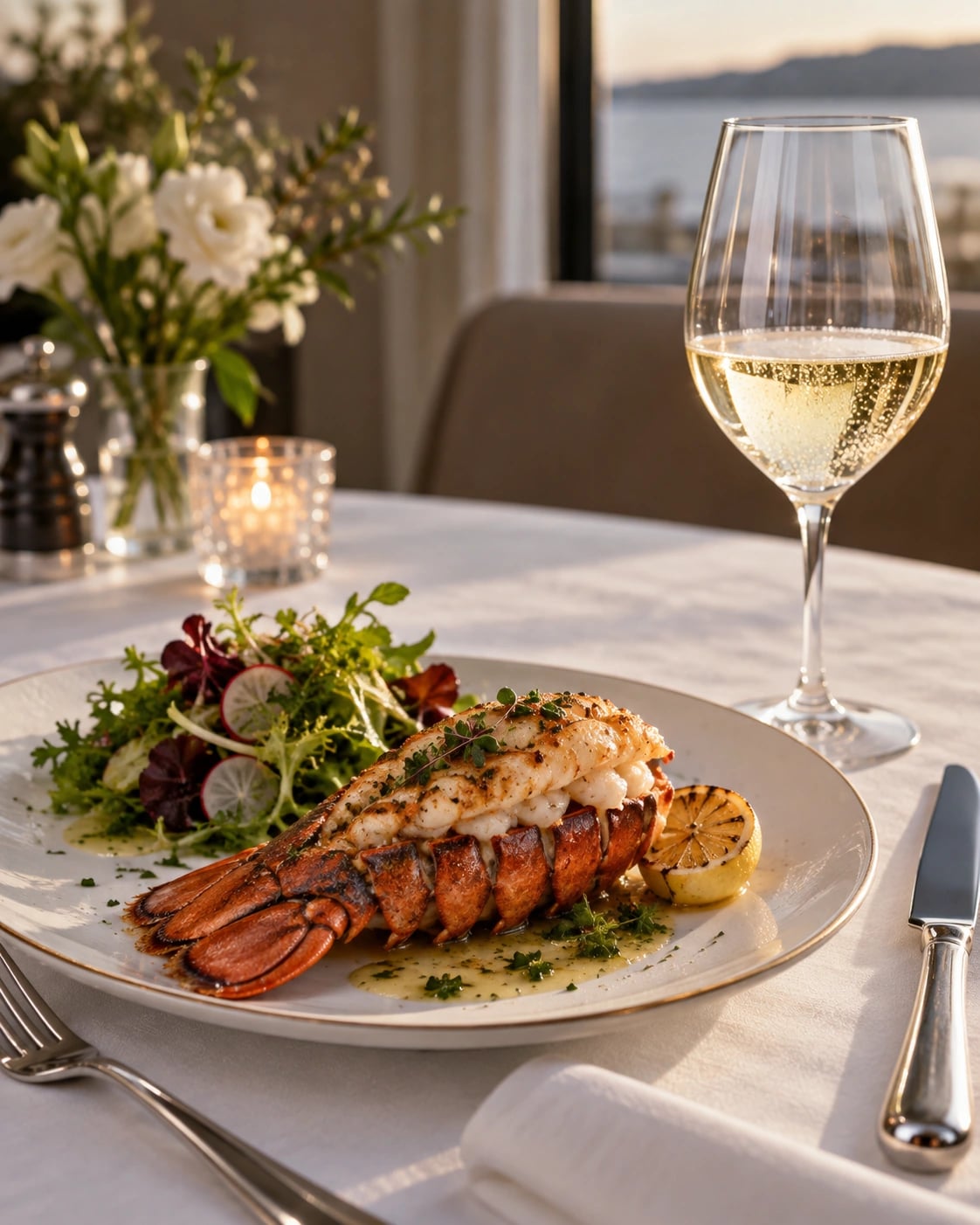 Lobster and salad beside golden Champagne in a tulip wine glass