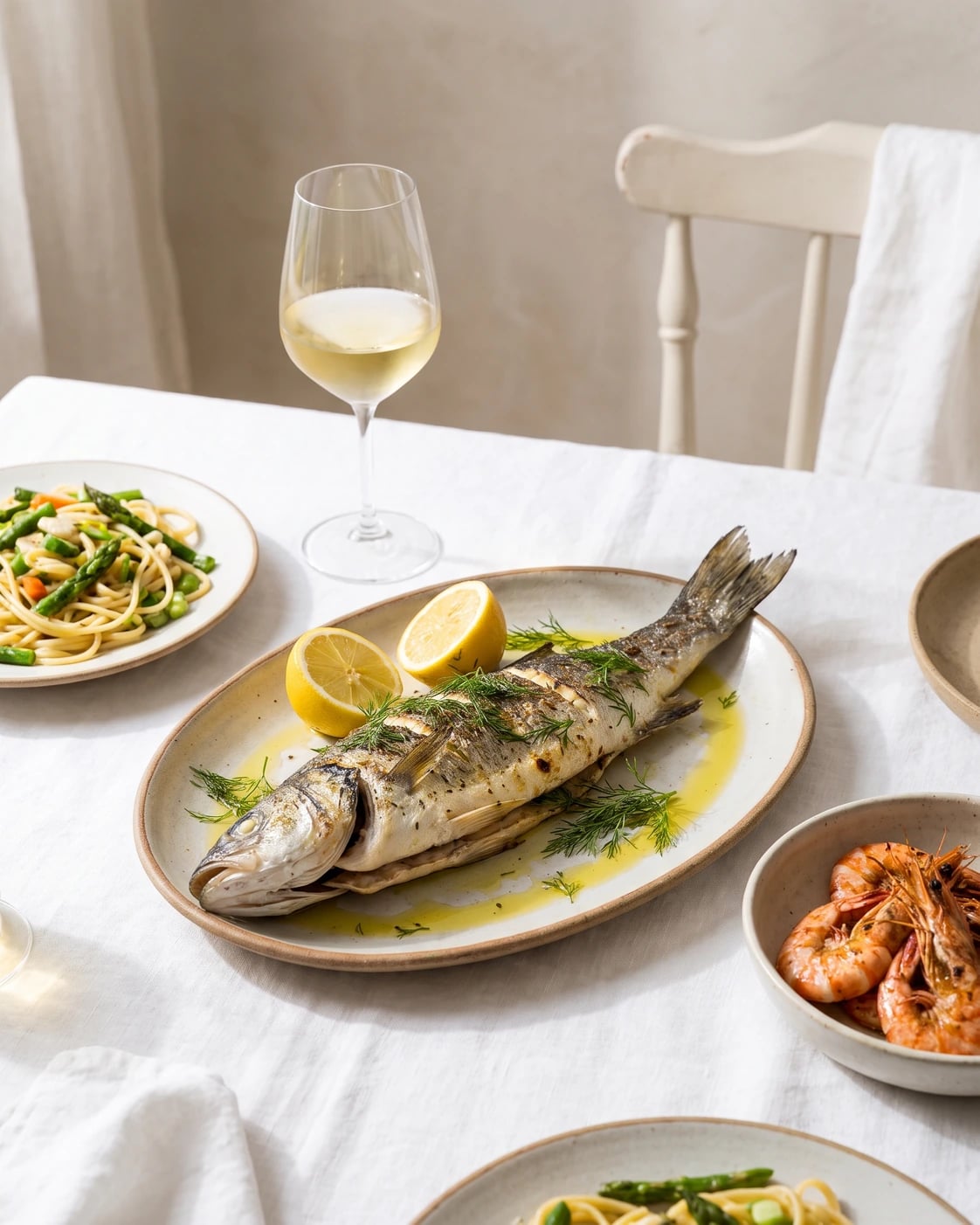 Grilled sea bass with lemon and herbs, prawns and pasta primavera beside a glass of pale white wine