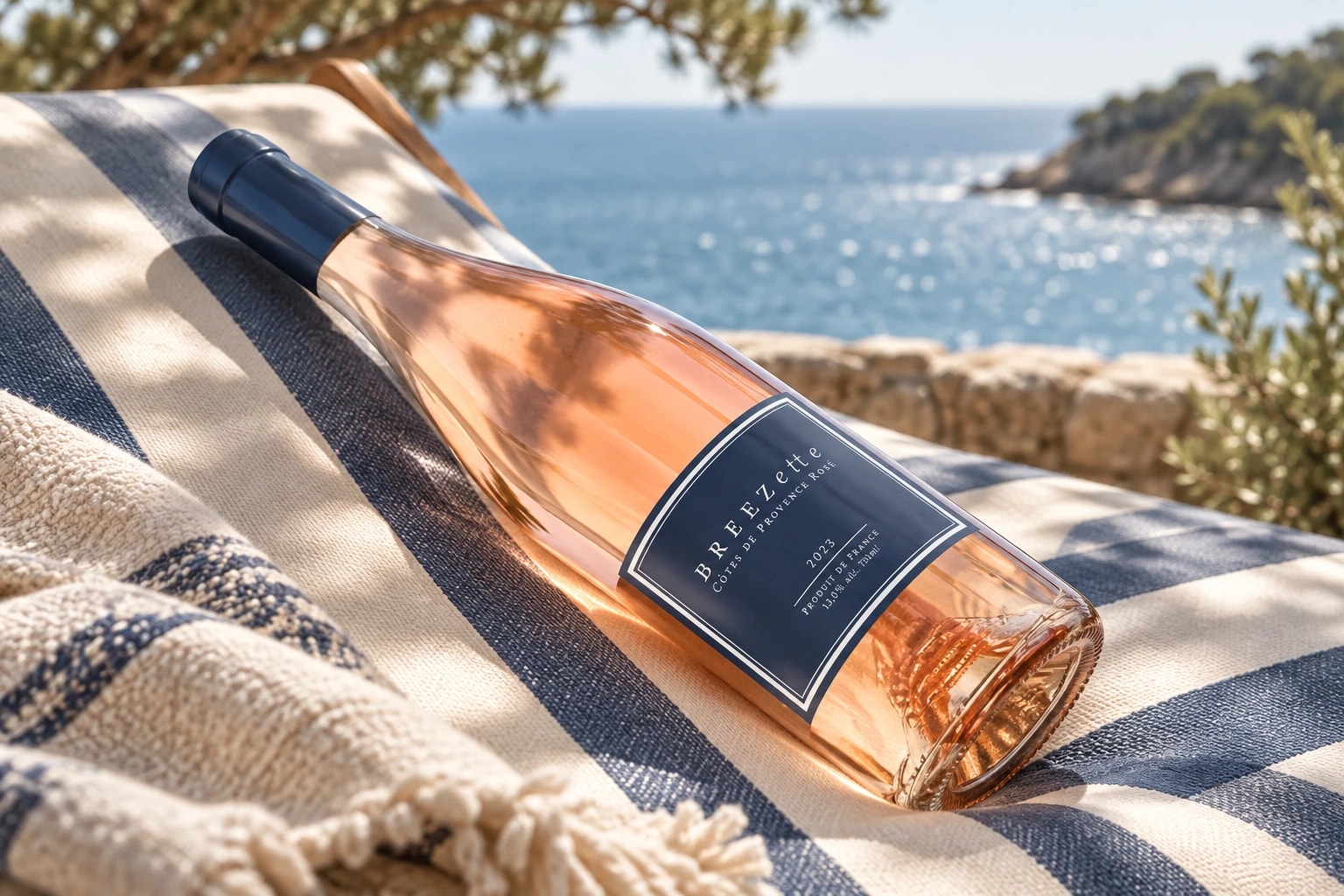 Breezette rosé resting diagonally on striped coastal cushions