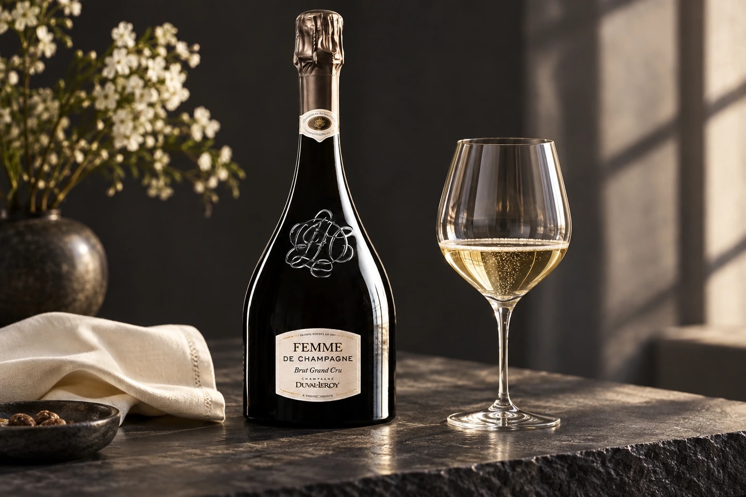 Femme de Champagne with a tulip wine glass on dark slate