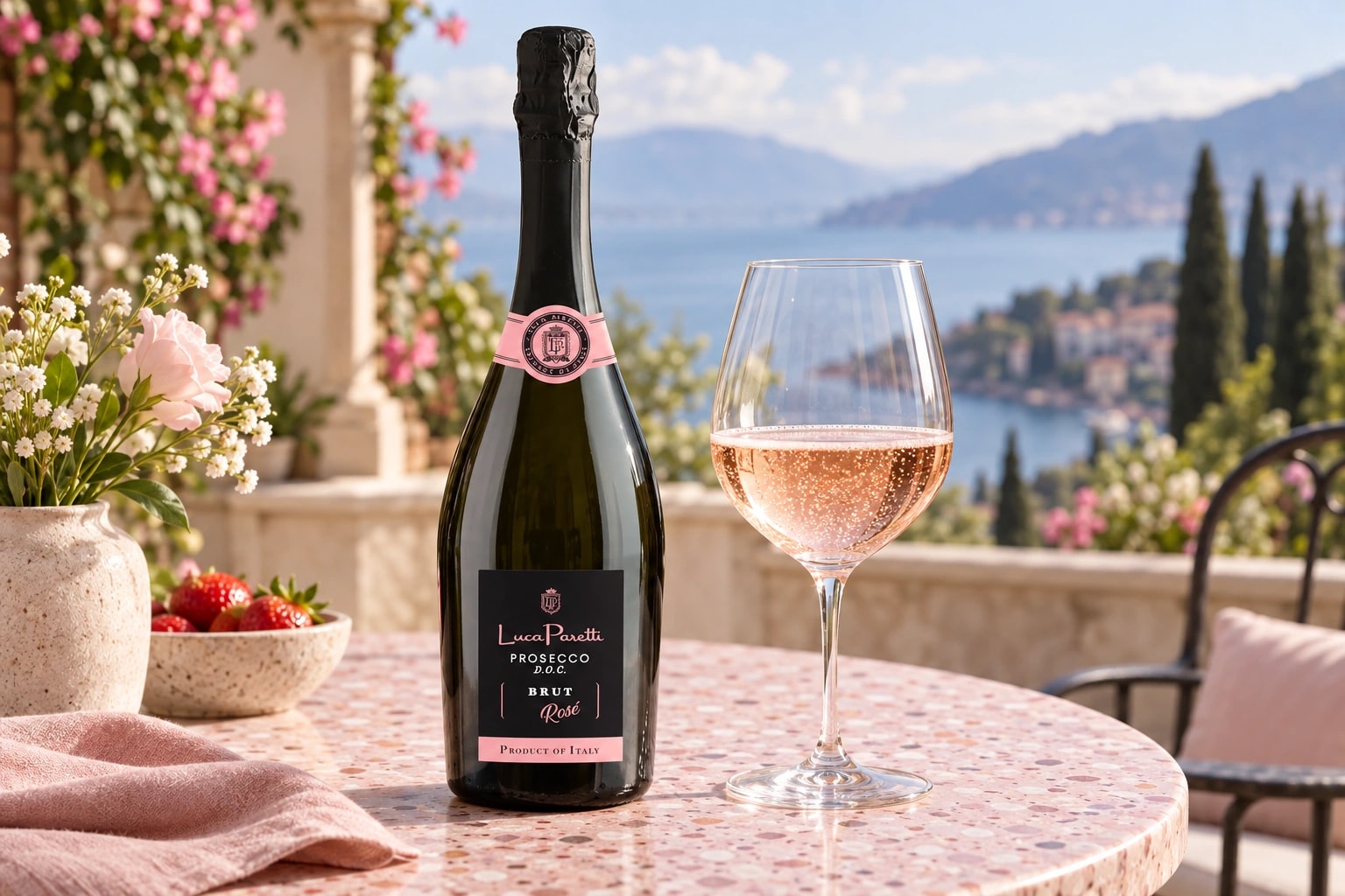 Luca Paretti Rosé Prosecco beside a large tulip-shaped glass on a pink terrace table