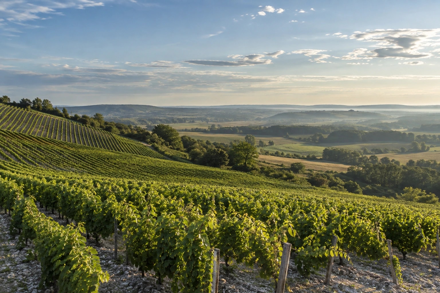 Illustrative editorial scene: Chalky vineyard slopes and rolling hills inspired by the Loire Valley