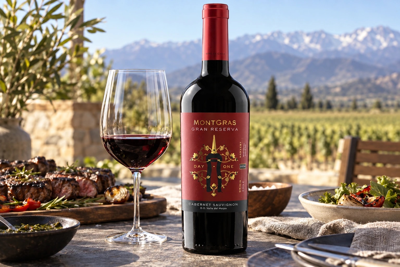 MontGras Day One 2024 Cabernet Sauvignon at an outdoor dining table