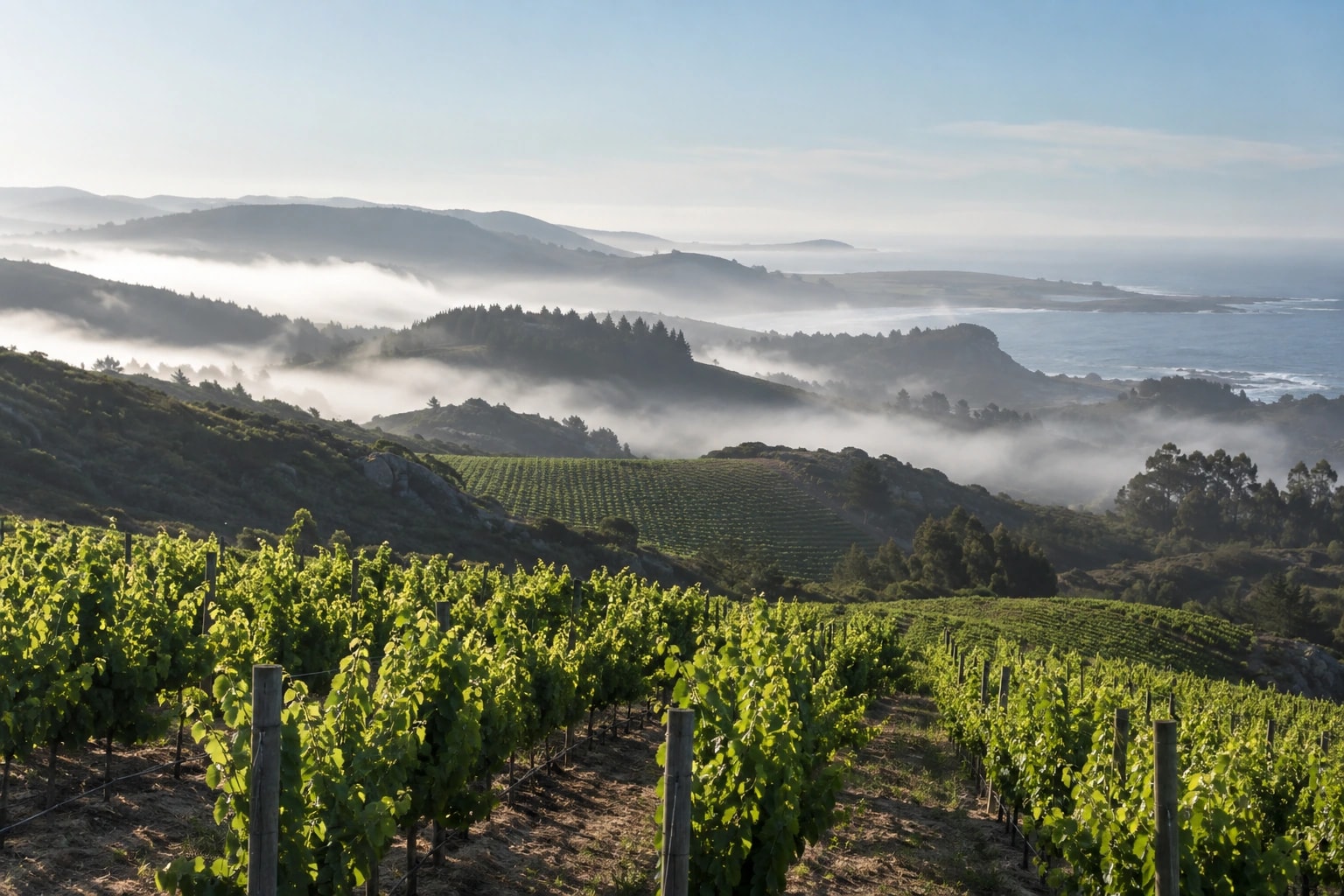 Illustrative editorial scene: Coastal vine rows and morning mist inspired by Chile’s Leyda Valley
