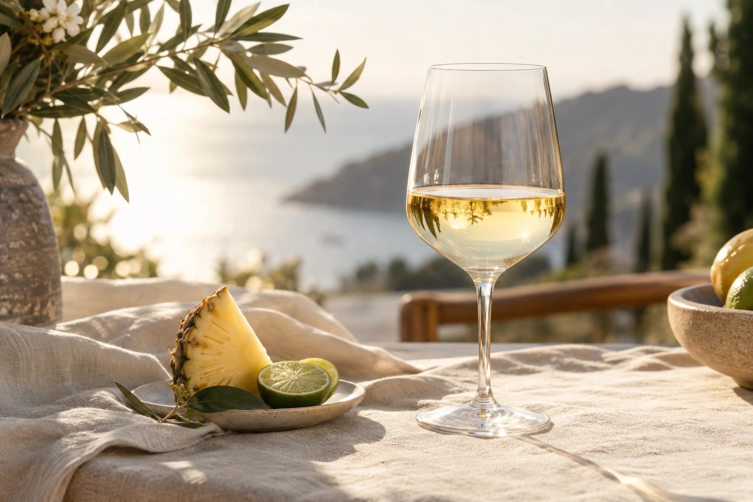 Illustrative editorial scene: Pale gold wine with pineapple and lime on cream linen