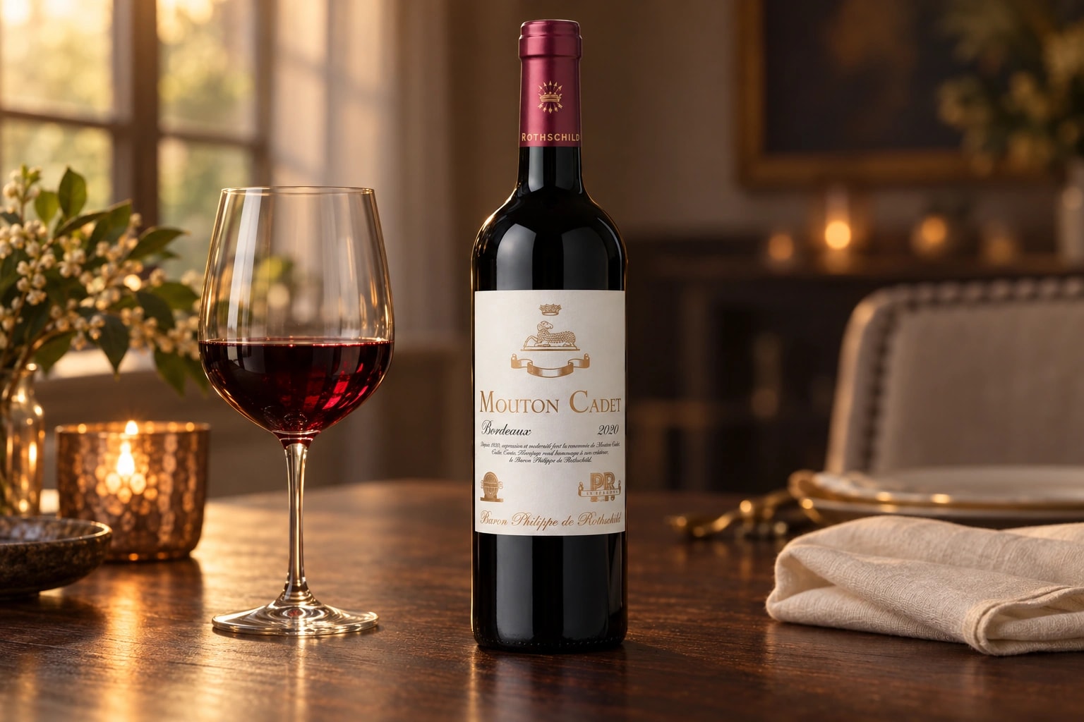 Mouton Cadet Cuvée Heritage and red wine on a warmly lit walnut dining table
