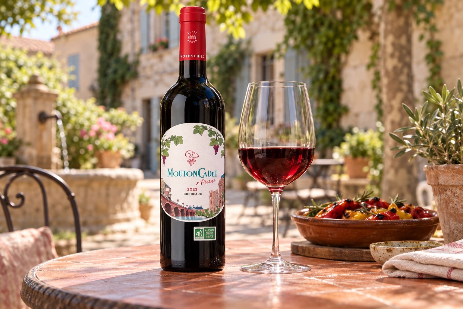 Mouton Cadet Rouge x Pierre with a glass of red wine and roasted peppers