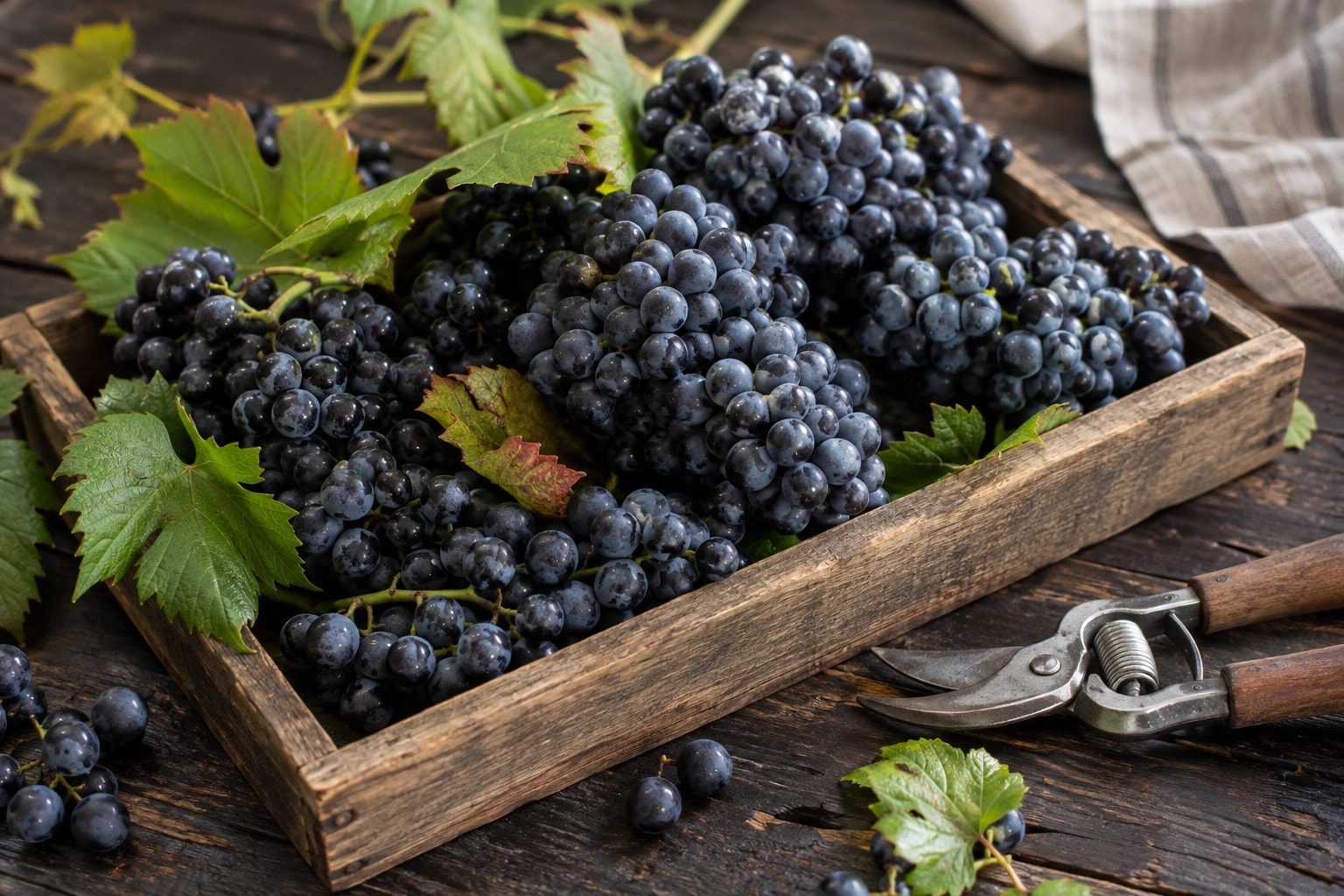 Illustrative editorial scene: Dark Cabernet grape clusters in a shallow harvesting tray