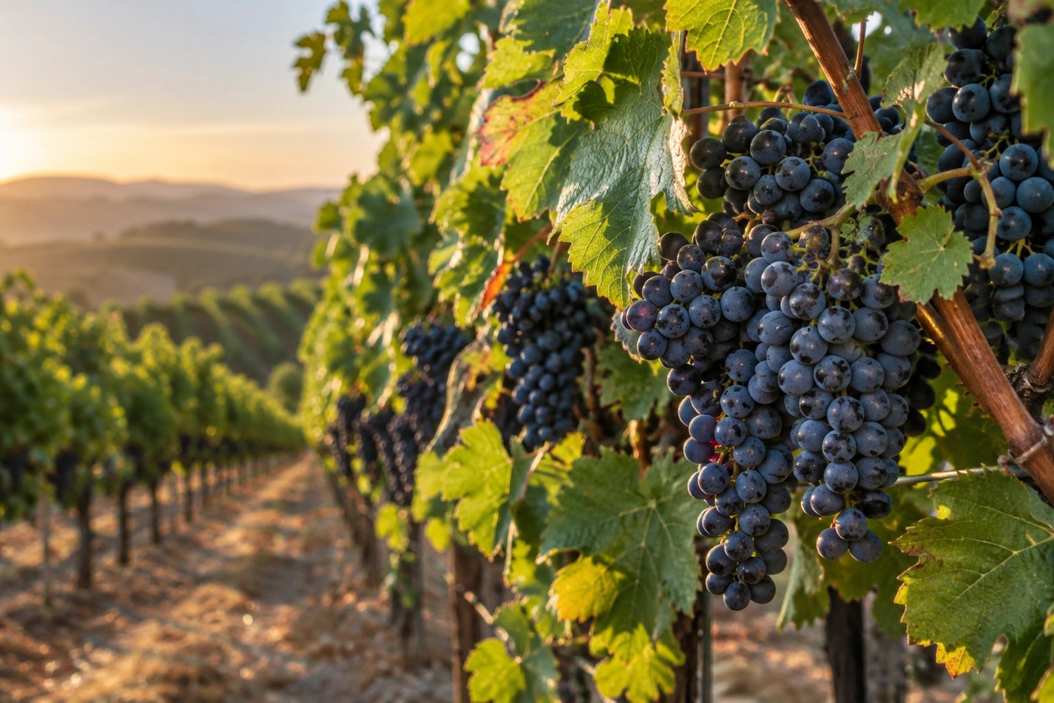 Illustrative editorial scene: Ripe dark Zinfandel grape clusters on trellised vines