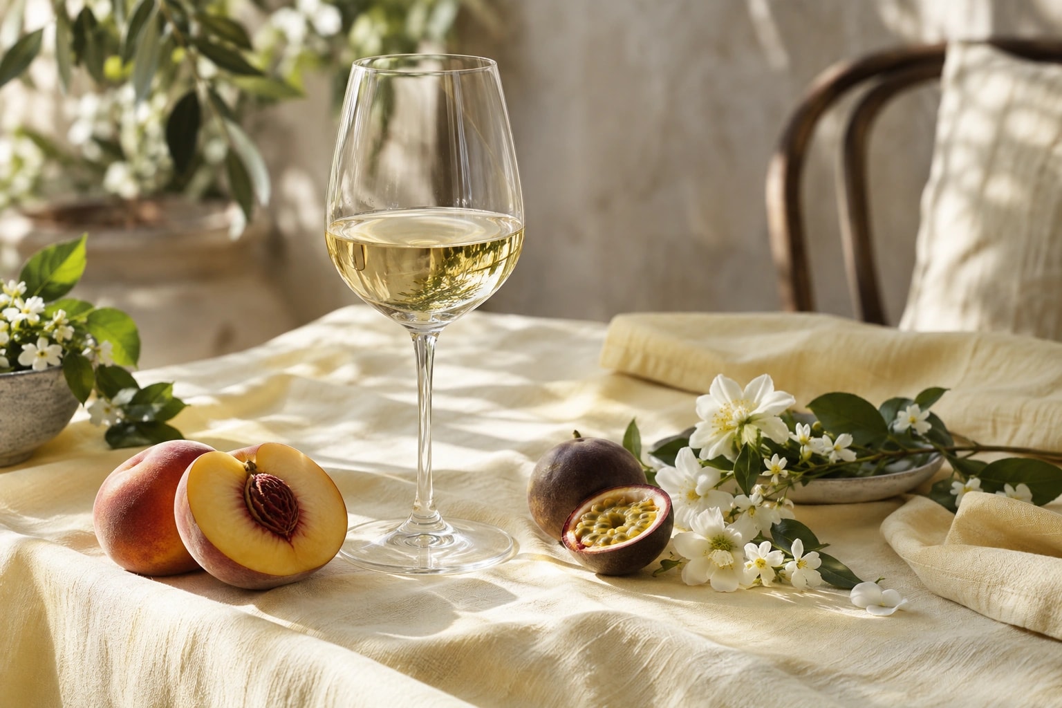 Illustrative editorial scene: A white wine glass with peach, passion fruit and white flowers