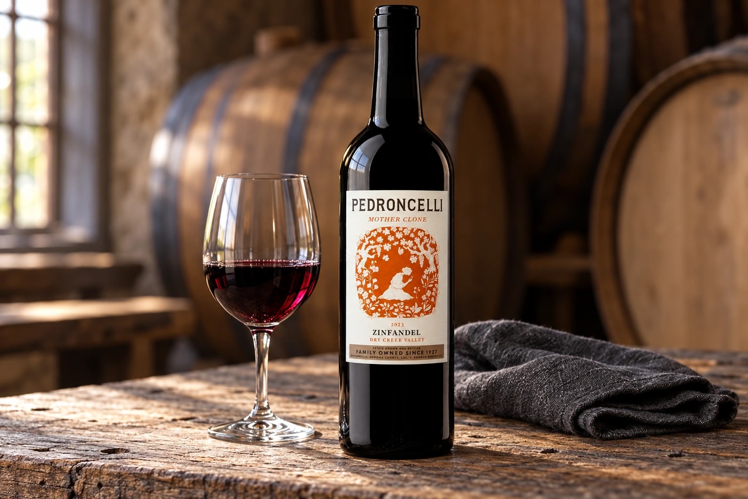 Pedroncelli 2023 Mother Clone Zinfandel and a glass of ruby wine on a wooden tasting table
