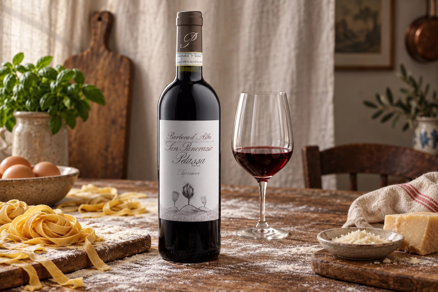 Pelassa San Pancrazio Barbera beside freshly made egg pasta