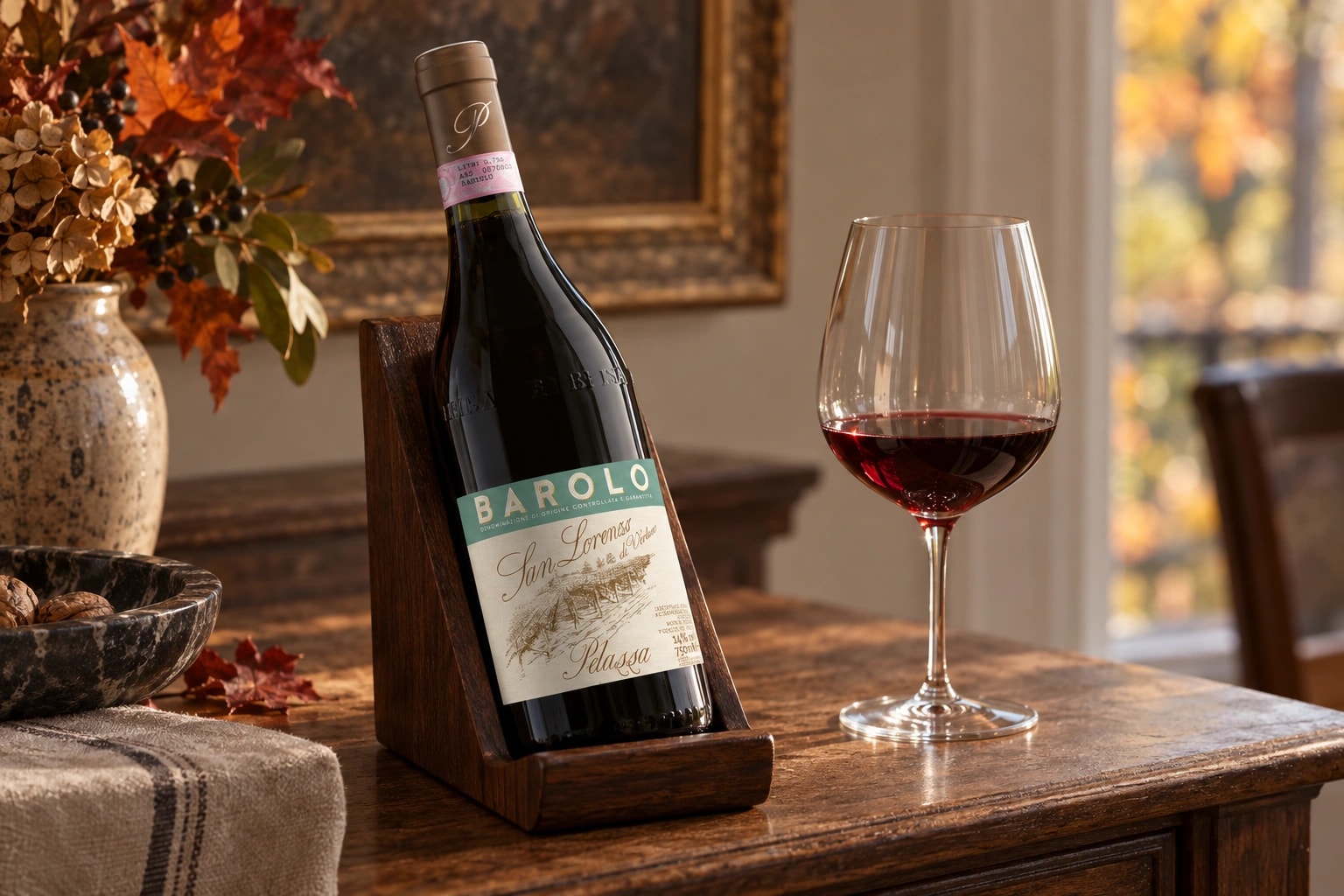Pelassa San Lorenzo di Verduno in a wooden cradle beside a red wine glass