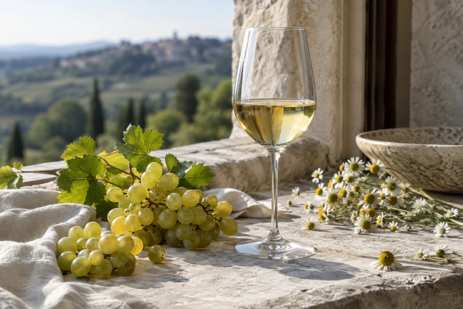 Illustrative editorial scene: Golden-green grapes, a white wine glass and chamomile on limestone