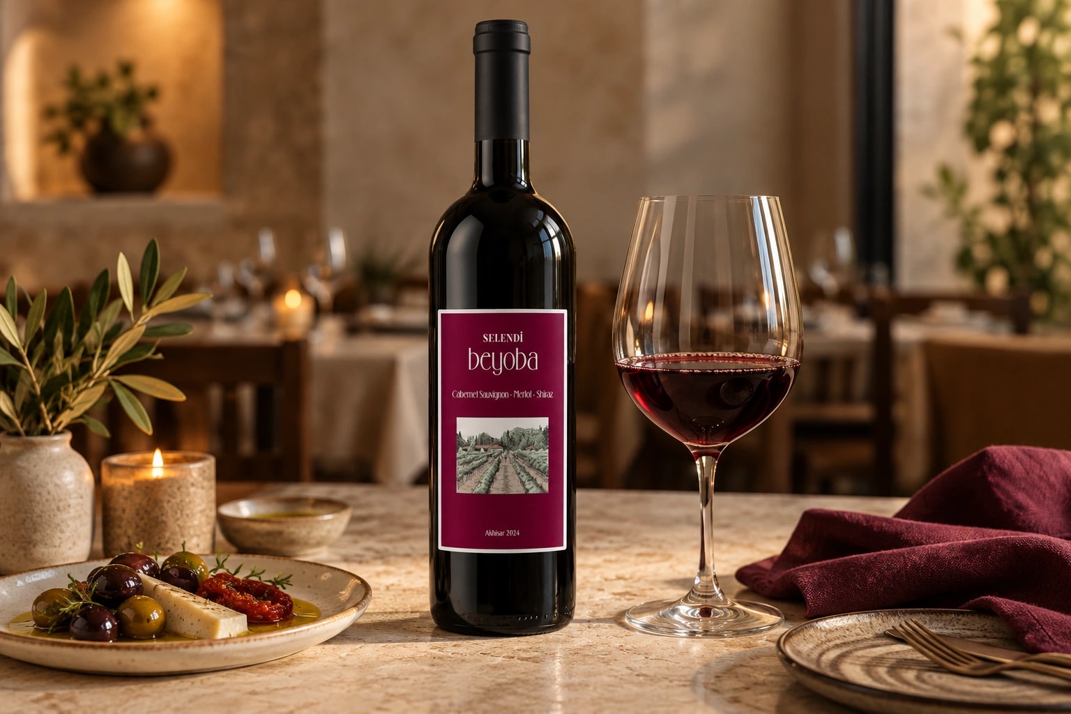Selendi Beyoba Red with a red wine glass at a softly lit dining table
