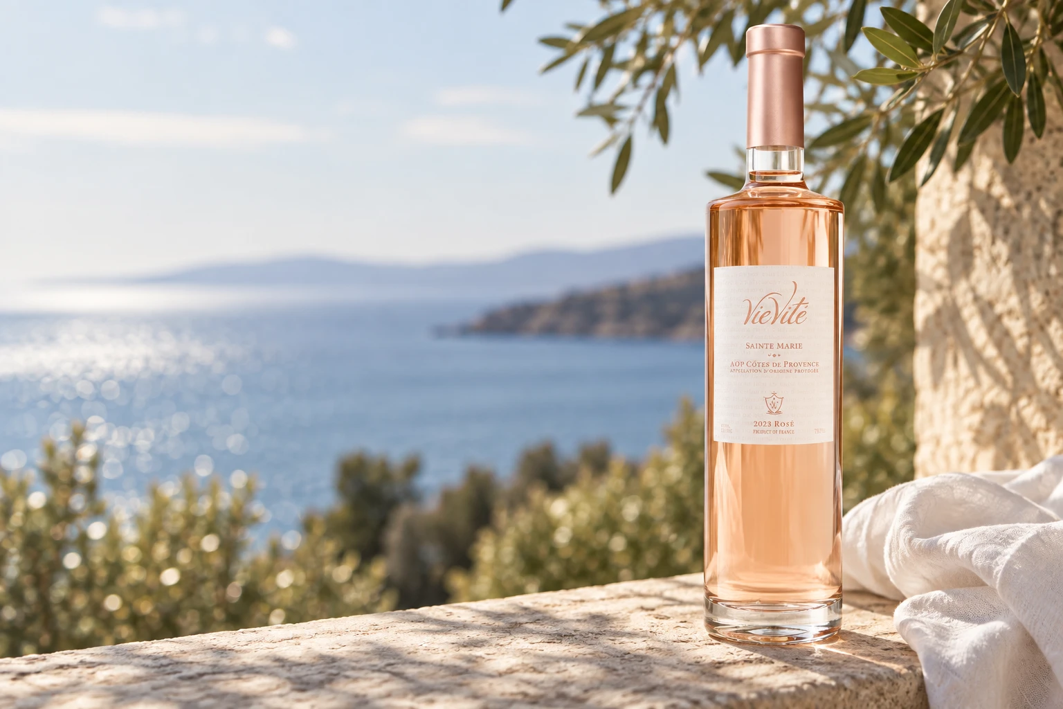 VieVité rosé on a sunlit limestone terrace overlooking the sea