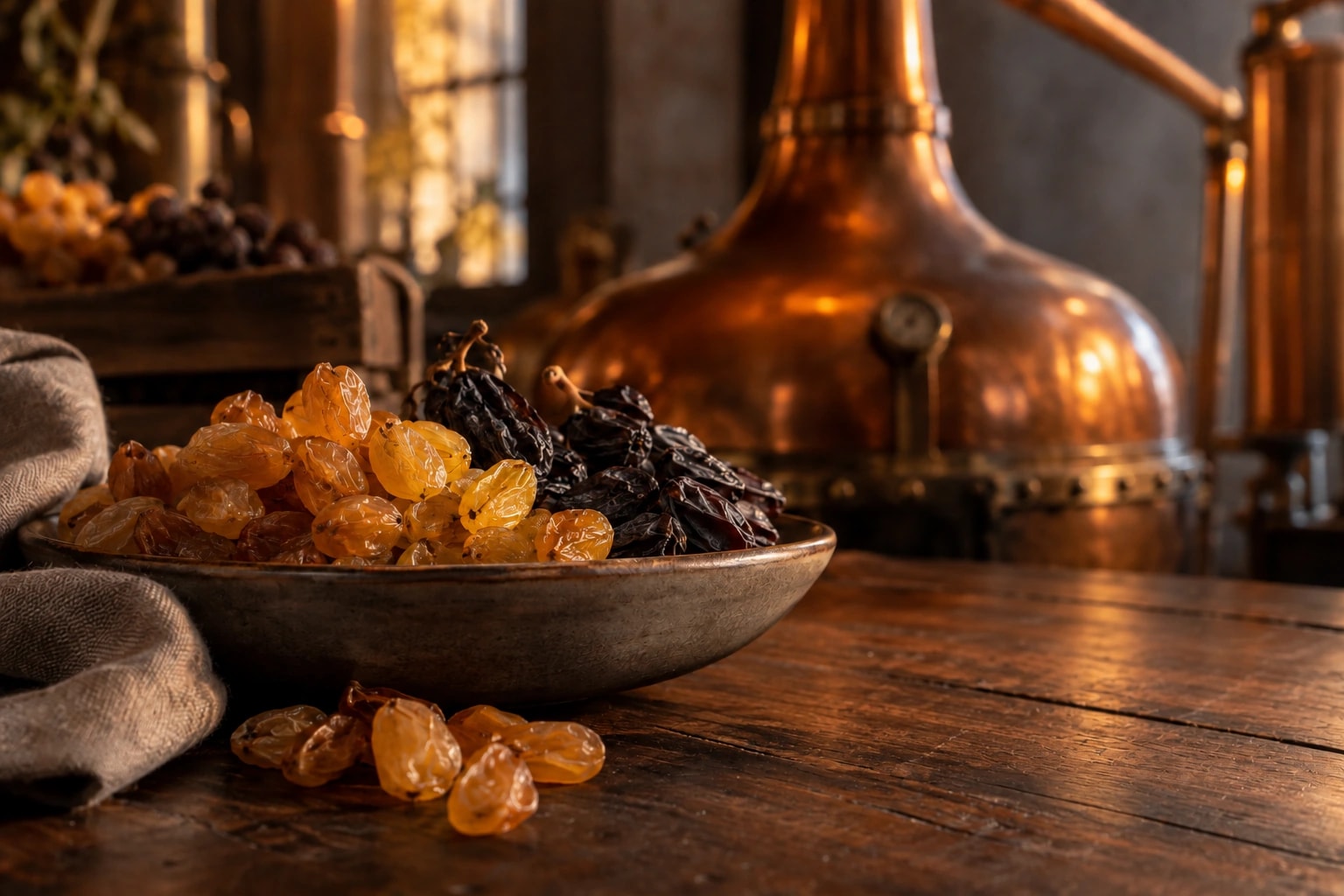 Illustrative editorial study of dried grapes beside copper distillation equipment