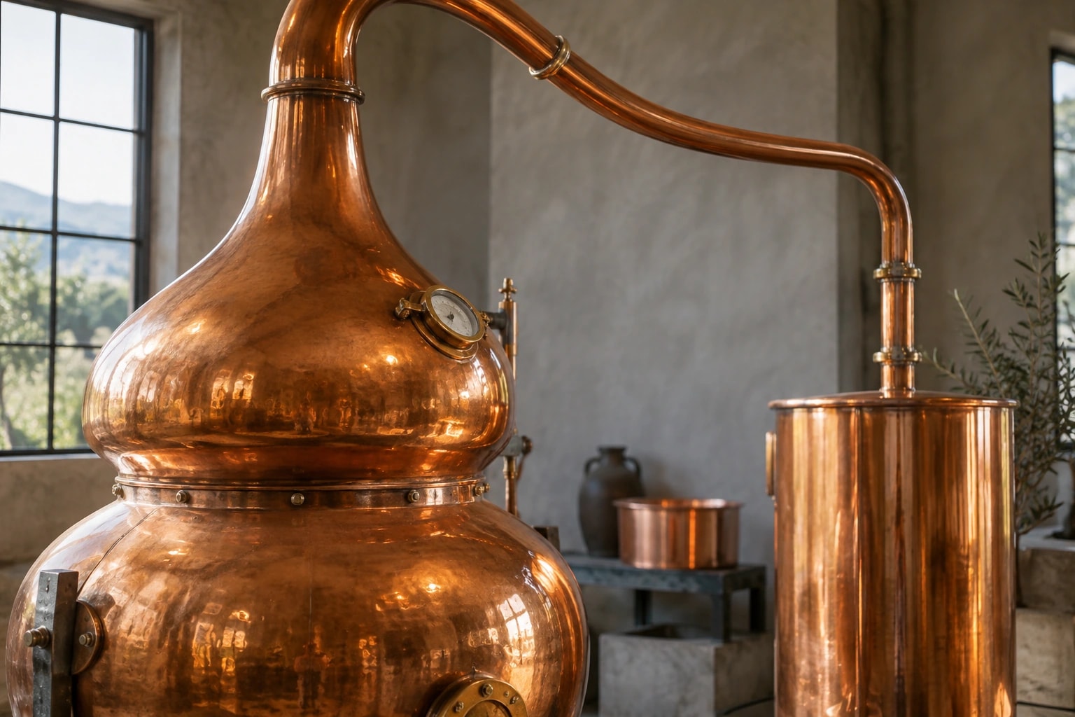 Illustrative editorial scene: Curved copper alembic details in a softly lit distillation workshop