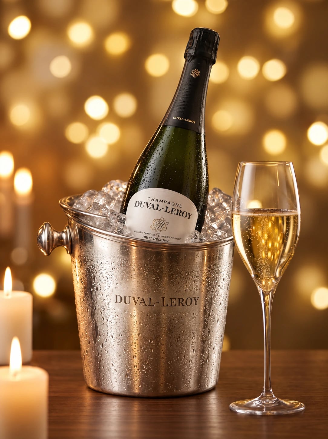 A Duval-Leroy bottle in a silver ice bucket beside a glass of golden champagne