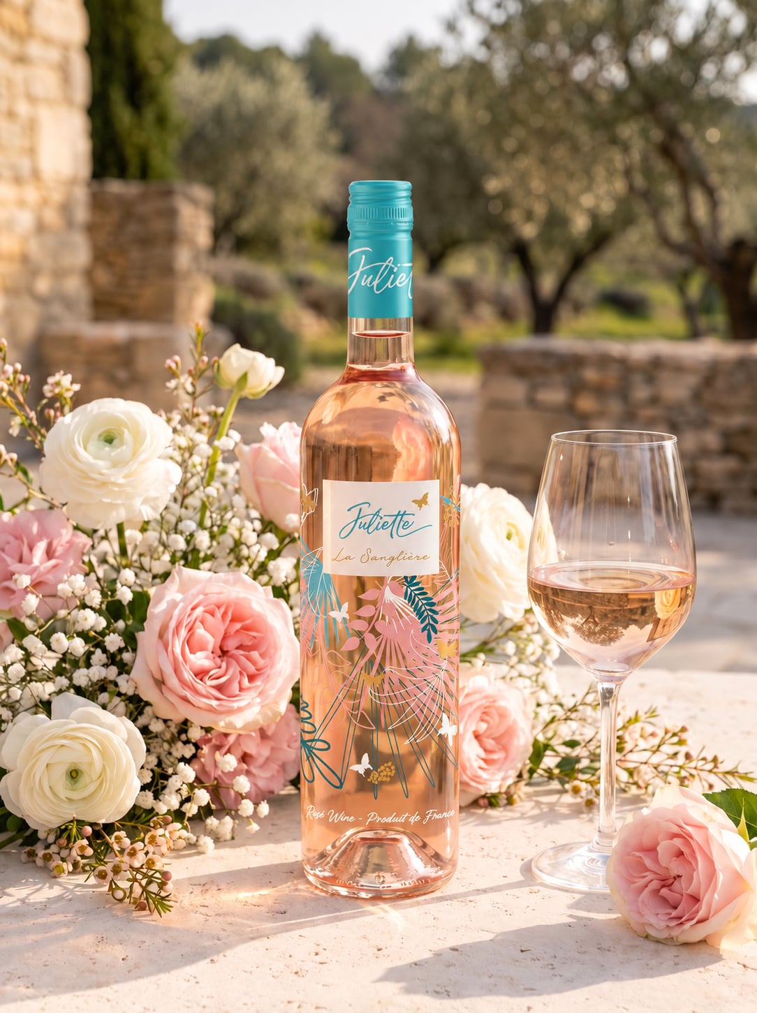 Juliette’s illustrated bottle beside a glass of rosé and flowers on a sunlit terrace