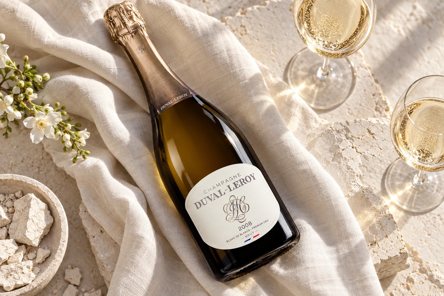 Duval-Leroy 2008 Blanc de Blancs resting on ivory linen and chalk