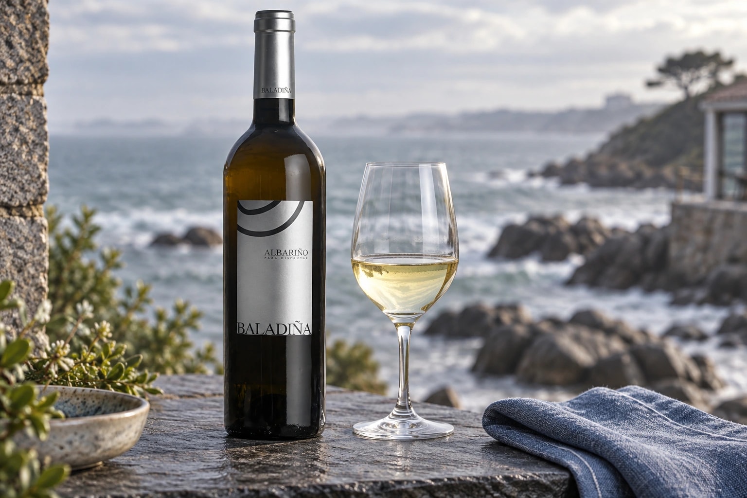 Baladina Albariño and a white wine glass beside a rocky coastal view