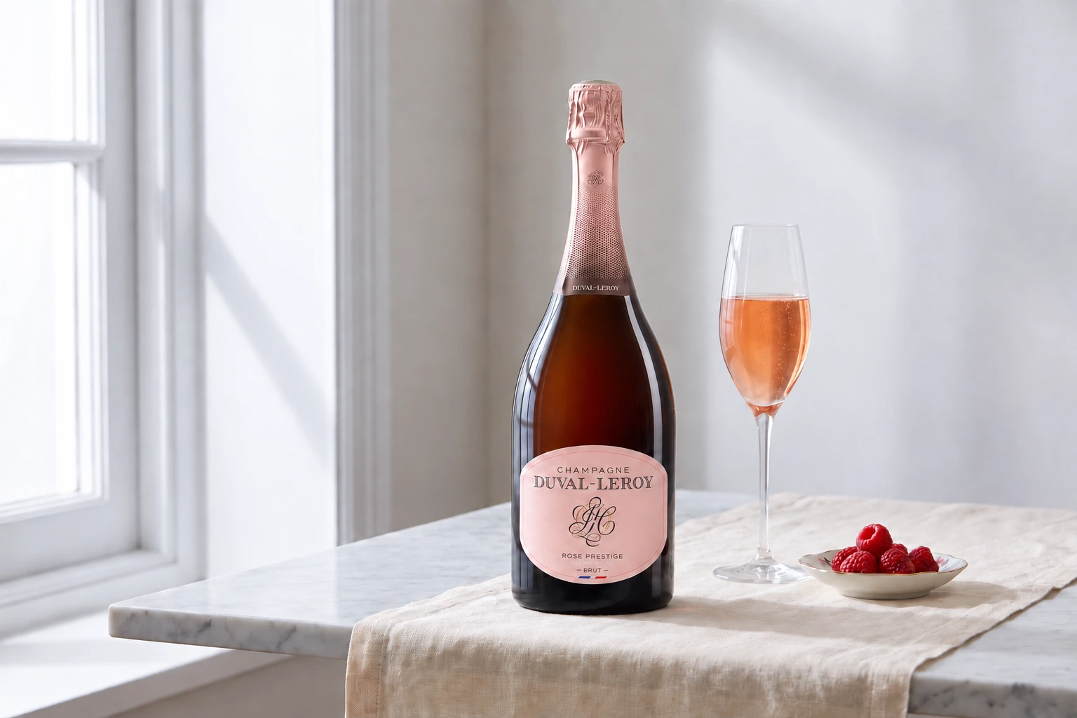 Duval-Leroy Rosé Prestige on pale marble beside a tulip glass of salmon-pink champagne and fresh raspberries