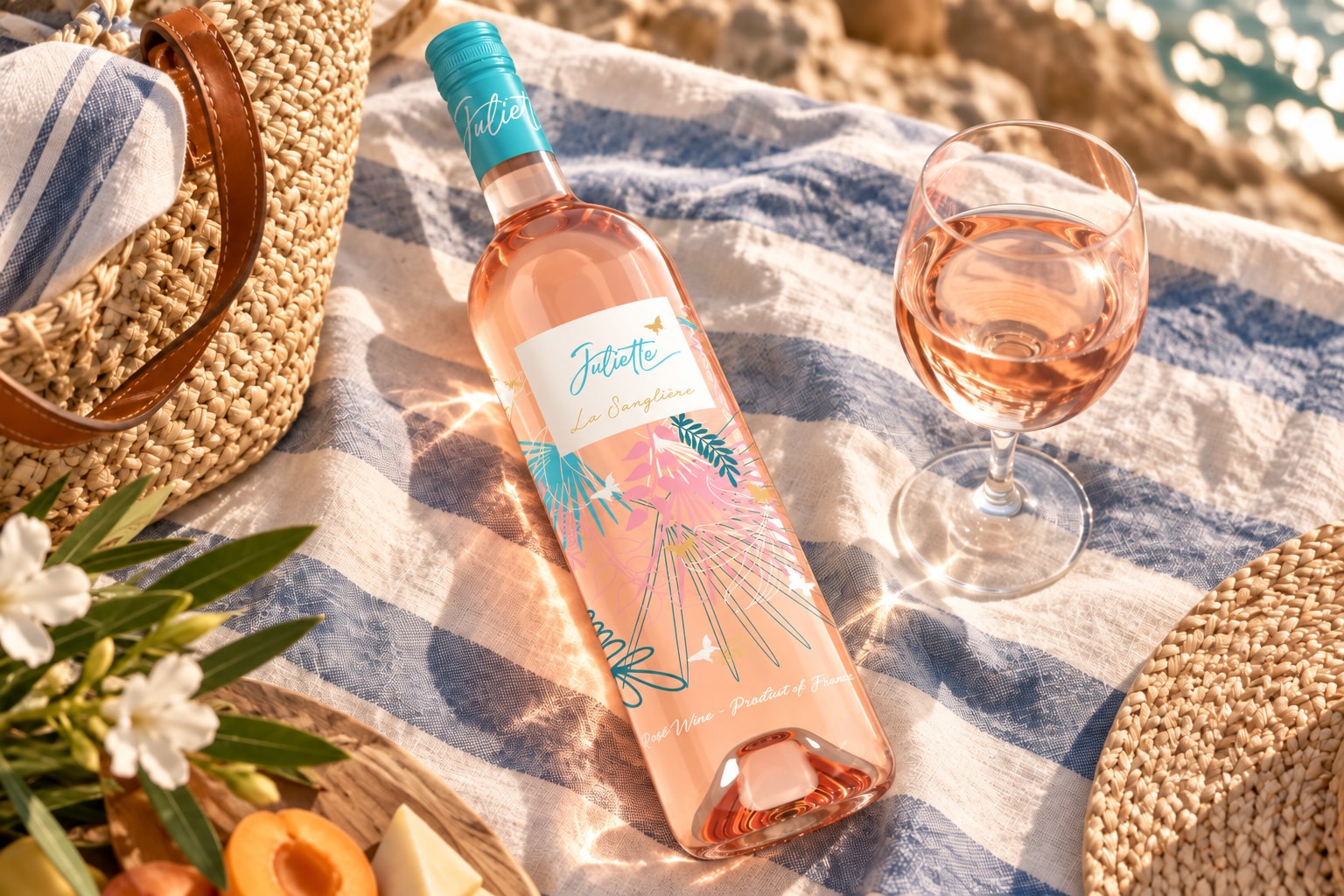 Juliette rosé on striped picnic linen beside a straw bag and a glass of pale rosé