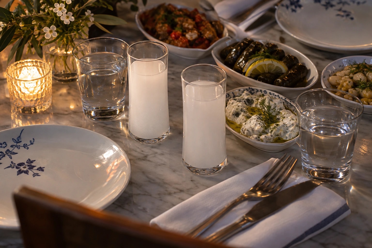 Illustrative editorial scene: Traditional straight-sided rakı and water glasses with small meze plates