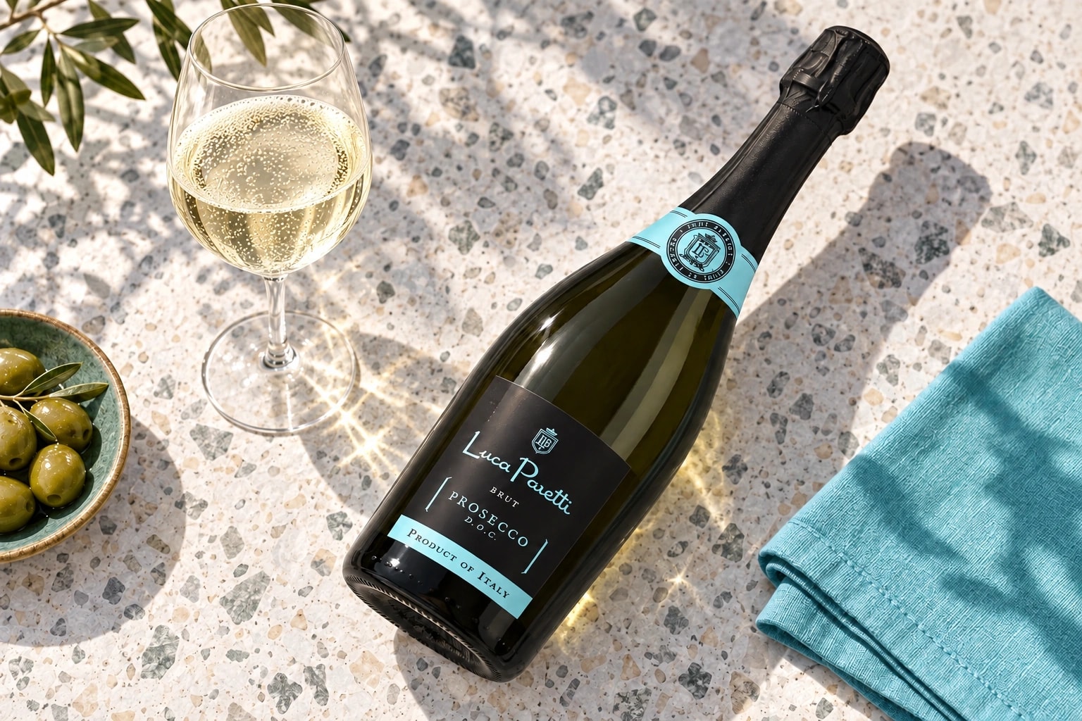 Luca Paretti Brut Prosecco on pale terrazzo with sparkling wine and an olive dish