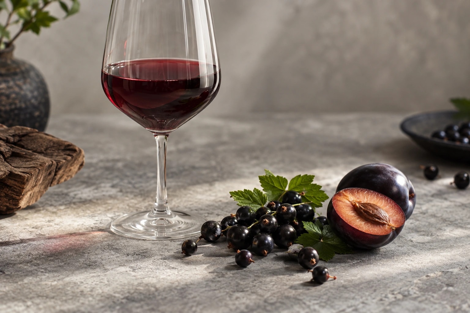 Illustrative editorial scene: A ruby wine glass with blackcurrants and dark plum on gray stone