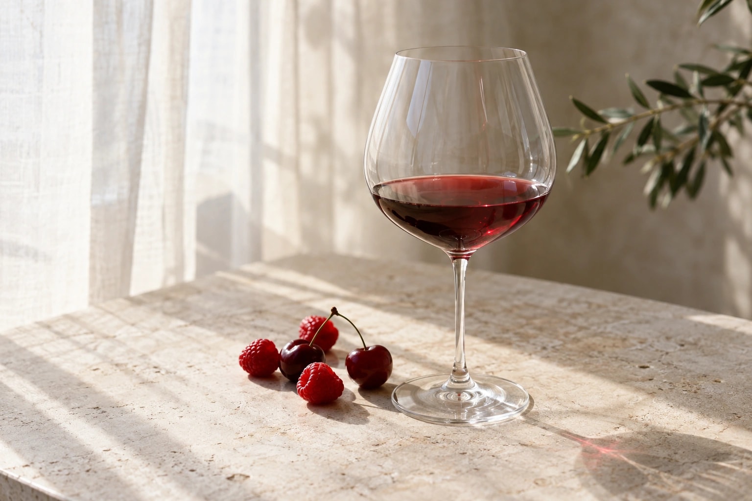 Illustrative editorial scene: A Burgundy glass of light ruby wine with raspberries and cherries