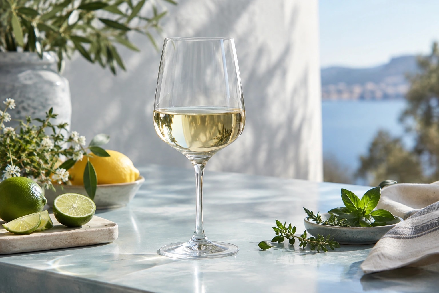 Illustrative editorial scene: Pale straw wine with lemon, lime and fresh herbs on a blue counter