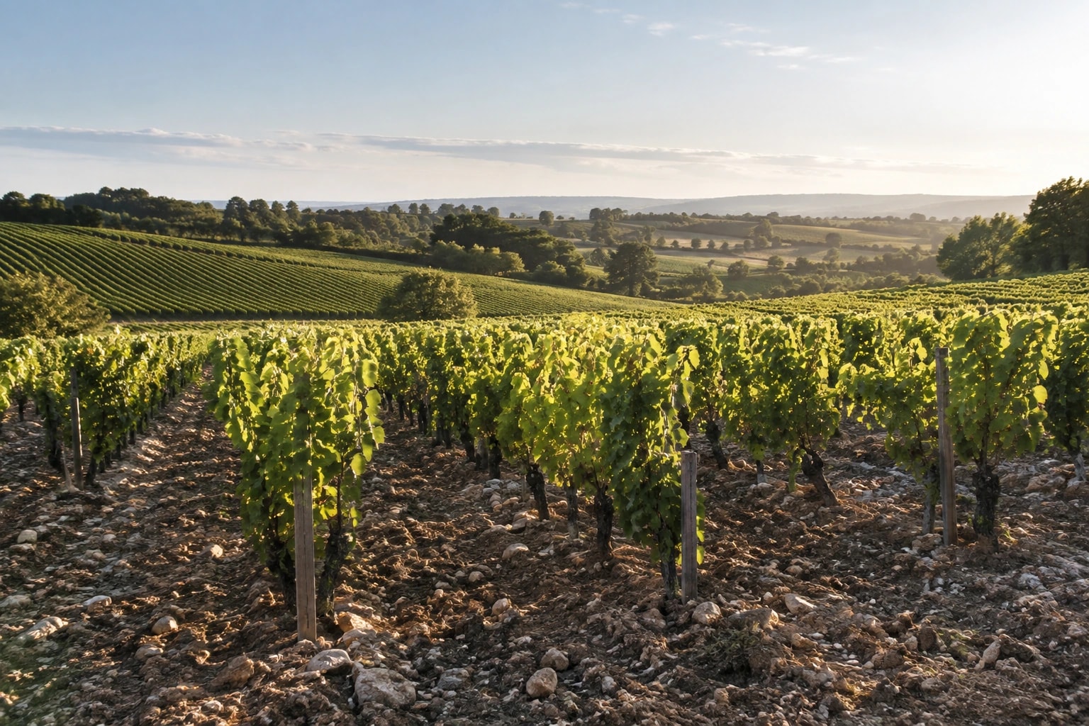Illustrative editorial scene: Rolling vine rows and clay-limestone soil inspired by Bordeaux