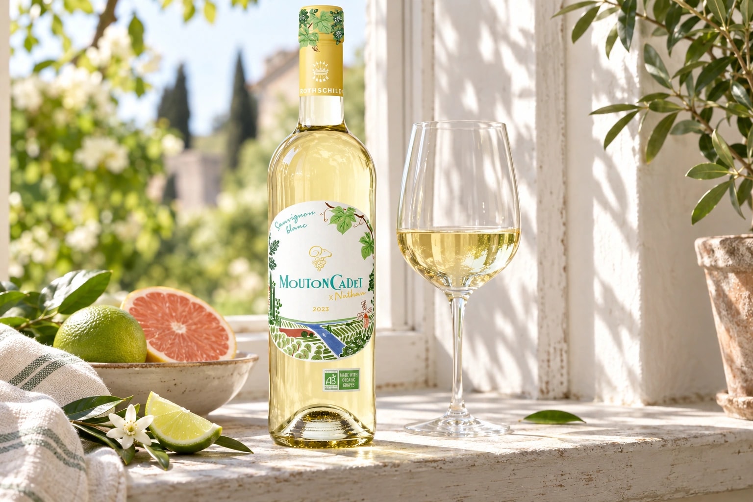 Mouton Cadet Sauvignon Blanc x Nathan with citrus fruit and a white wine glass