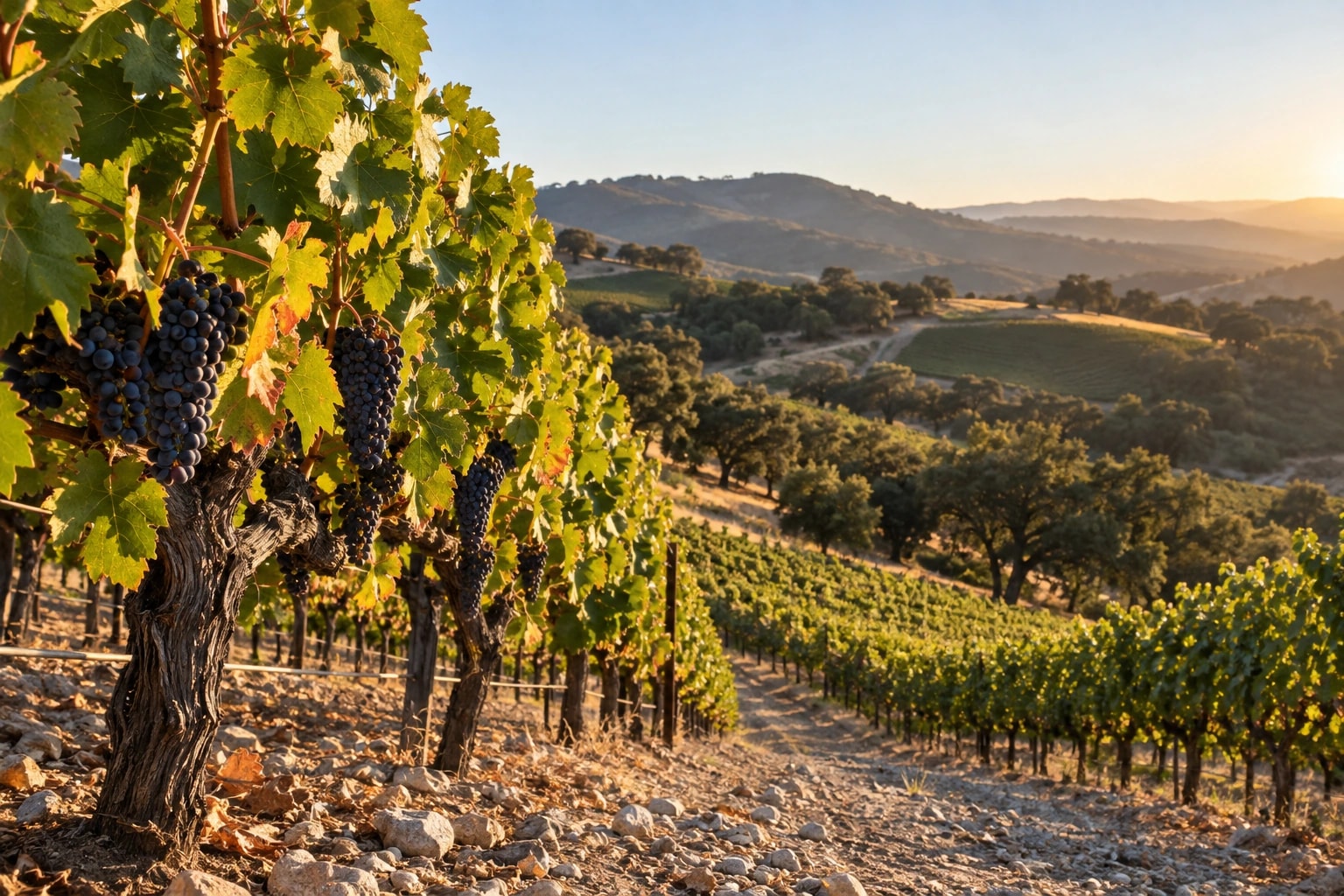 Illustrative editorial scene: Cabernet vine rows and gravelly soil inspired by a western Dry Creek bench