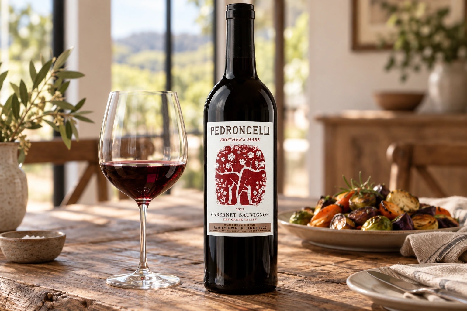 Pedroncelli 2022 Brother’s Mark Cabernet Sauvignon with red wine at a farmhouse table