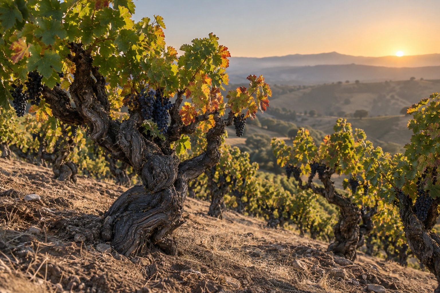 Illustrative editorial scene: Mature head-pruned vines on a dry California hillside