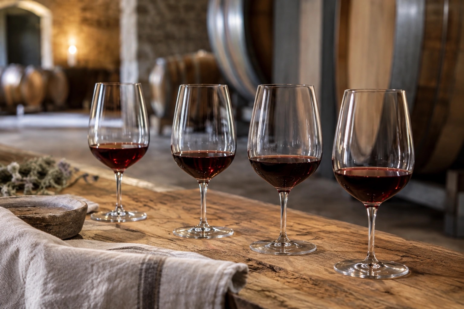 Illustrative editorial scene: Four red-wine tasting glasses on an oak cellar bench